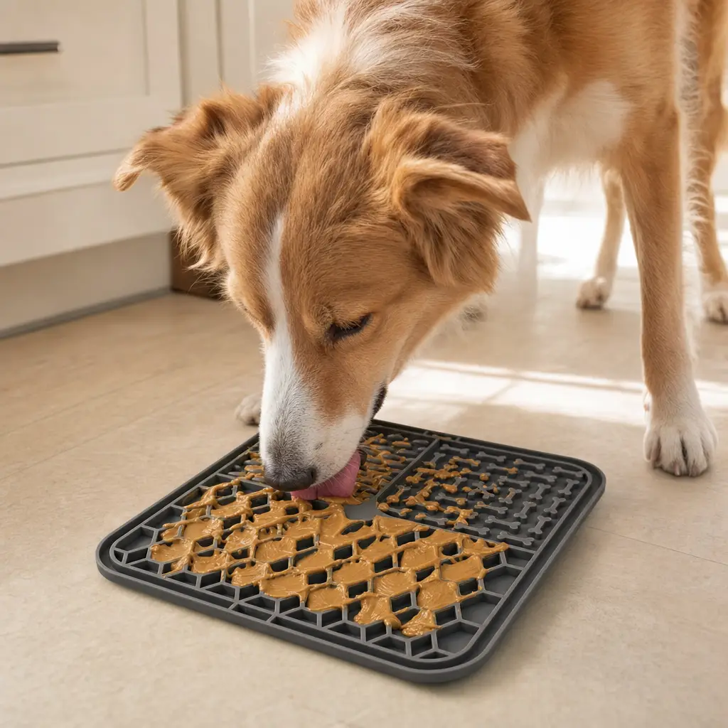 Chien qui lèche un tapis de léchage Lékki en silicone gris garni de beurre de cacahuète